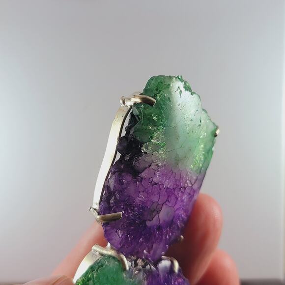 Titanium Druzy Pendant Sterling Silver Green Purple Crystal Slice 3" - Picture 9 of 10